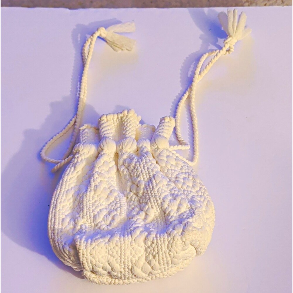 White Macrame Drawstring Bucket Bag Tassel Accent